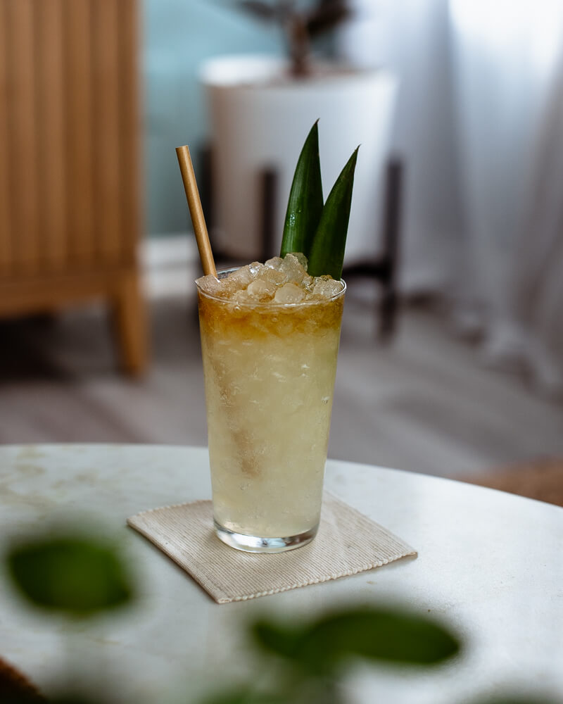 Sun Parade, a refreshing cocktail with pineapple fronds and aloe liqueur